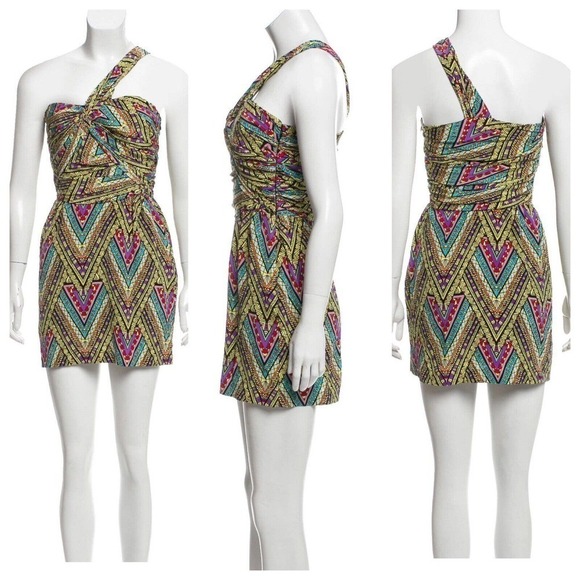 Mara Hoffman Twist One Shoulder Mini Dress Size 0 Bright Geometric Silk - Picture 1 of 5